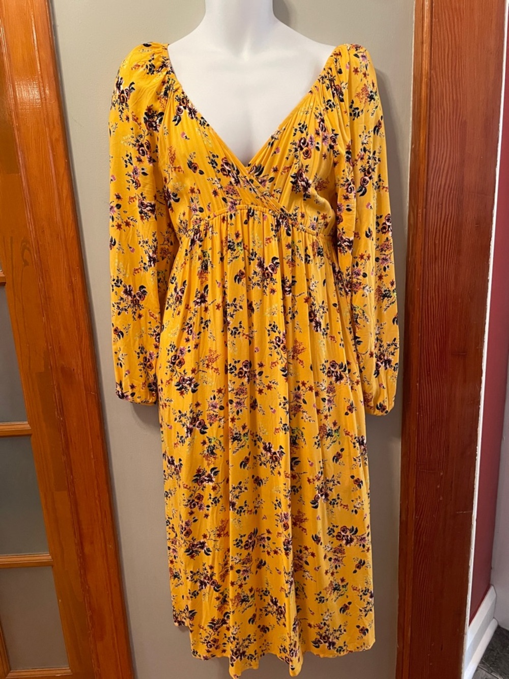 PAISLEY SKY Maternity Vibrant Yellow Floral Long Sleeve Faux-Wrap Midi Dress